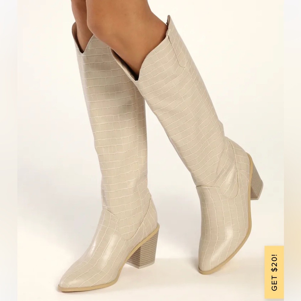 🌿Lulus Renuu Bone Crocodile-Embossed Pointed-Toe Knee-High Boots